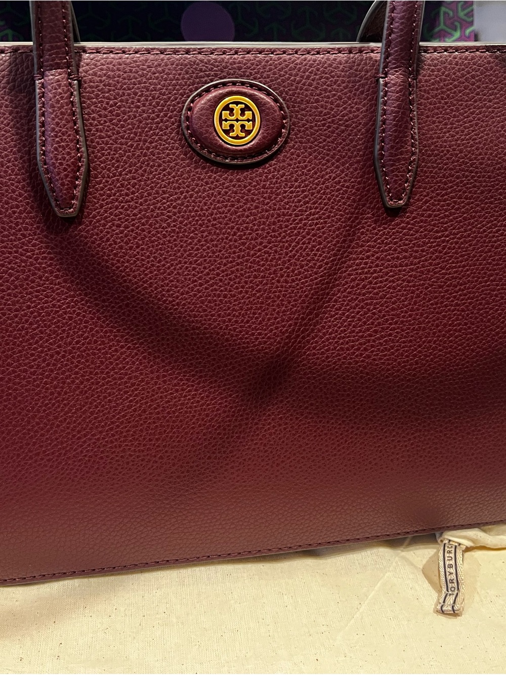 Tory Burch Wine Pebbled Leather Tote with Gold Logo Triple compartment NWOT